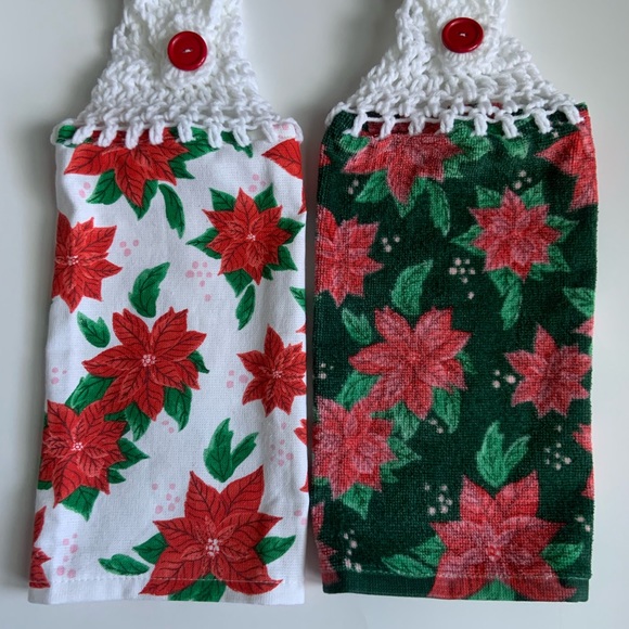 Hand Crafted Poinsettia Crochet Top Hanging Kitchen Dish or Bathroom Hand Towel - Picture 3 of 9